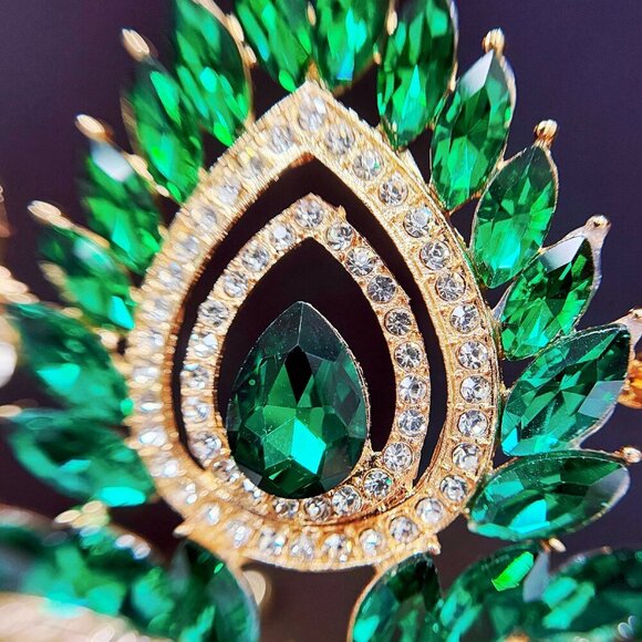 Quinceanera Crown, Green Rhinestone Crown, Large Size Crown, Gold Crystal Crown main image 8